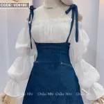 Sét yếm jean cột vai kèm áo trắng trễ vai tay bochun