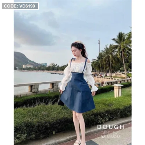 Sét yếm jean cột vai kèm áo trắng trễ vai tay bochun
