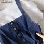 Sét yếm jean midi thắt eo + crop pull trắng