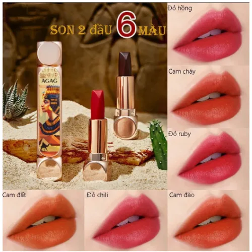 Son môi 6 màu chính hãng AGAG thiết kế cực kỳ độc đáo với 2 đầu mỗi đầu hội tụ 3 màu cực trendy