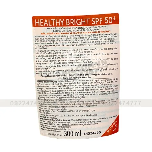 Sữa Dưỡng Thể Vaseline Healthy Bright Spf 50+ Daily Protection Brightening Serum 300ml (Hàng nhập khẩu có tem phụ)