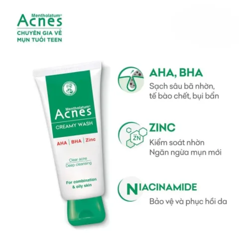 Sữa Rửa Mặt Mentholatum Acnes Creamy Wash 100g - Sữa Rửa Mặt Acnes Dành Cho Da Dầu Nhờn