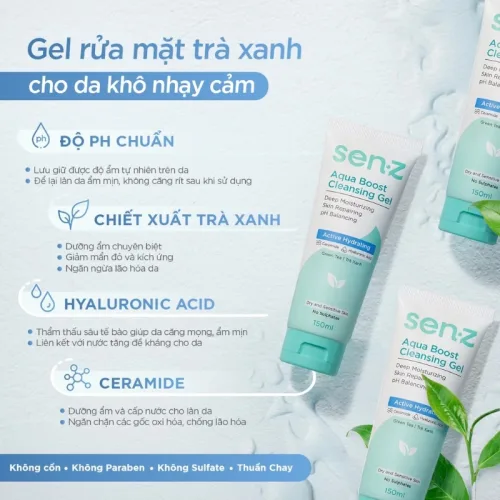 Sữa Rửa Mặt Senz Aqua Boost Cleansing Gel Chiết Xuất Trà Xanh 150ml - Sữa Rửa Mặt Cho Da Khô