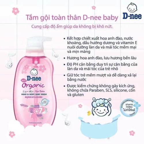Sữa Tắm Gội Toàn Thân Cho Bé  Dnee Organic Màu Hồng 380ml