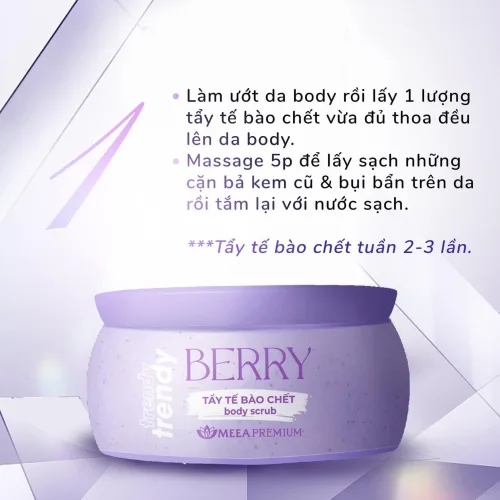 Tẩy Tế Bào Chết Berry Body Scub Meea với các hạt Scrub nhỏ giúp tẩy sạch lớp tế bào chết sần sùi thô ráp trên da một cách dịu nhẹ