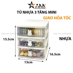Tủ Nhựa 3 Tầng Mini Đựng Mỹ Phẩm Phụ Kiện Để Bàn Có Tay Cầm Thỏ 15.5x13x16.5cm