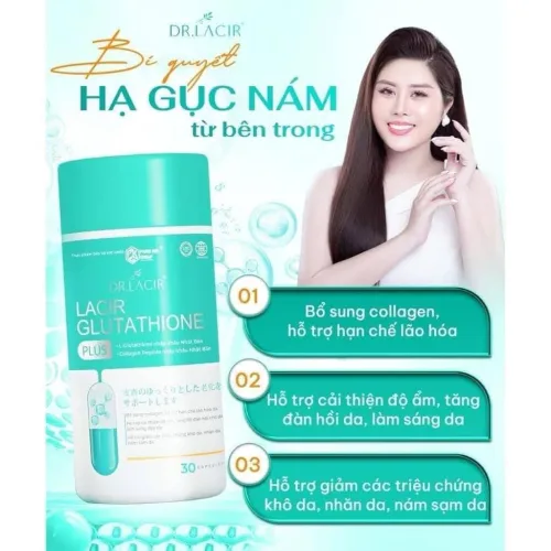 Viên uống trắng da  Glutathione 600 Dr Lacir  giúp ngăn ngừa các dấu hiệu lão hóa như nếp nhăn đốm nâu giúp da luôn tươi trẻ, căng mịn